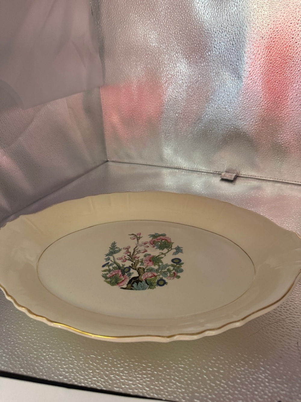 Vintage Cream Ceramic Serving Platter with Floral Center and Gold Trim